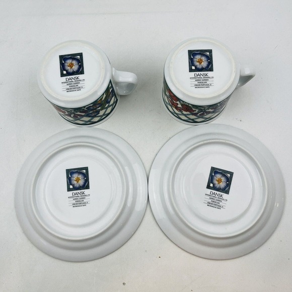 Dansk Nordic Garden Flat Cup & Saucer Set Lot of 2 Round Floral Lattice & Ribbon - Picture 4 of 10